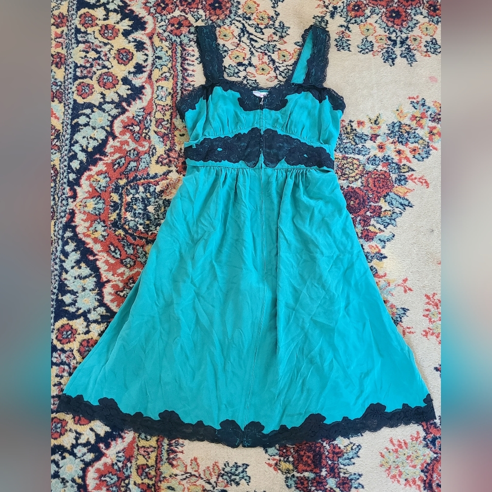 NWT Betsey Johnson Aqua Silk and Black Lace Dress